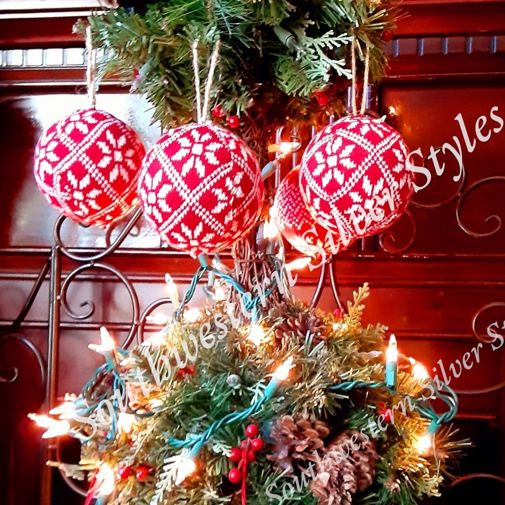 Vintage Sweater Ball Knit Fabric Red & White Color (2) Christmas Tree Ornaments